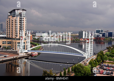 View from Imperial War Museum North, over the Manchester Ship Canal, Millennium Bridge, Salford Quays, Manchester, UK Stock Photo
