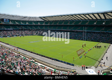 A high view of the pitch at Twickenham rugby stadium, home of English International rugby, in south west London, UK Stock Photo