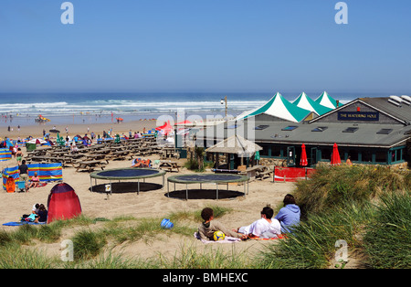 the ' watering hole ' pub on the beach at perranporth in cornwall, uk Stock Photo