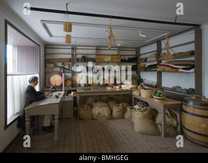 New Lanark - Robert Owen's utopian industrial village in Scotland. The Village Shop, re-creation of 1820s store. Stock Photo