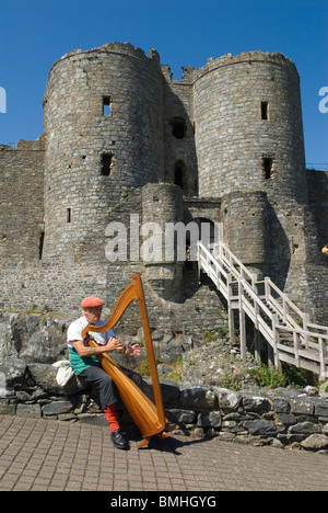 Welsh harp player Harlech Castle. Gwynedd North Wales UK. HOMER SYKES Stock Photo