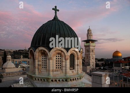Israel,Jerusalem,Ecce Homo church,Minaret,Dome of the Rock,Ecce Homo Basilica,Bab el Ghawanimeh Mosque,Old city Stock Photo