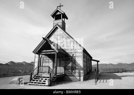 Church at Goldfield ghost town, near Apache Junction, Arizona and Superstition Mountains. Stock Photo