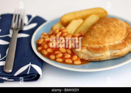 Cornish Pasty with Chips and Beans Stock Photo