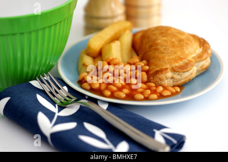 Cornish Pasty with Chips and Beans Stock Photo