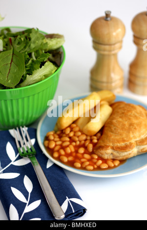 Cornish Pasty with Chips and Beans Stock Photo