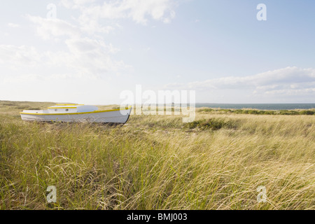 Old wooden boat in the grass Stock Photo