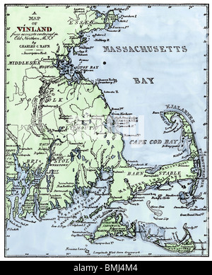 Vinland locations on Cape Cod, as portrayed by Charles Rafn, from accounts in old Norse manuscripts. Hand-colored woodcut Stock Photo