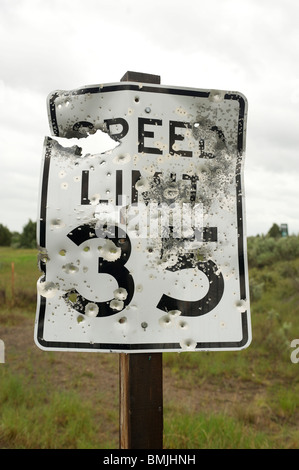 Bullet scarred and shot out road sign. Idaho USA Stock Photo