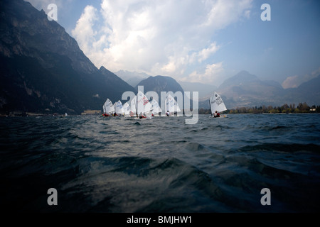 View of sail boat racing in lake Stock Photo
