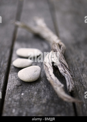 Scandinavia, Sweden, Gotland, Driftwood and pebbles, close-up Stock Photo