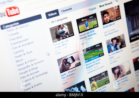 Close up of a computer monitor / screen showing the YouTube website Stock Photo