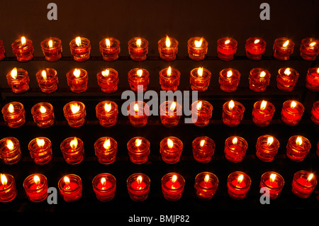 Europe, Austria, Row of tealight candles in church, elevated view Stock Photo