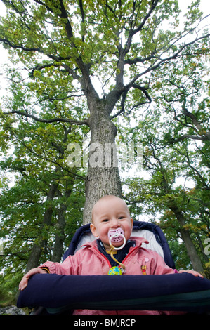 A baby girl in a pram Stock Photo