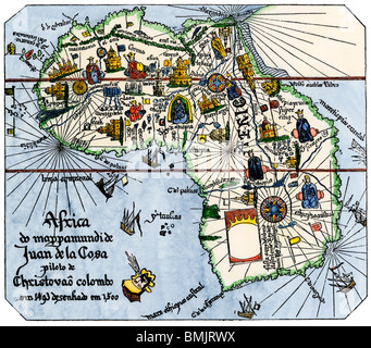 Africa as known after Vasco da Gama's discoveries, from map of Juan de la Cosa, 1500. Hand-colored woodcut Stock Photo