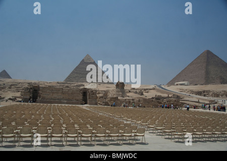 Egypt, Cairo. The Sphinx in front of the Great Pyramids of Giza, Sound & Light Show venue. Stock Photo