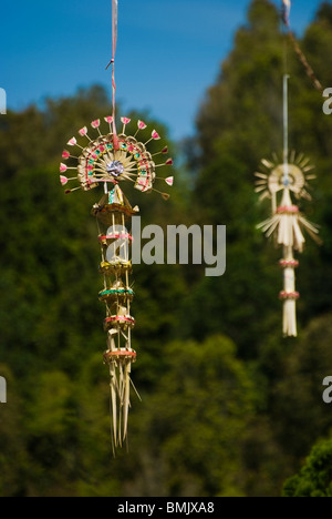 Long decorative bamboo poles, locally known as 'penjor' constructed when Balinese Hindus celebrate Galungan and Kuningan Day. Stock Photo