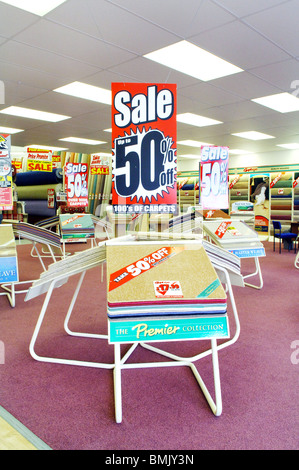 Up to 50% off sale sign at carpet right Stock Photo