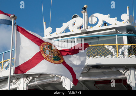 The Florida State Flag on the Jungle Queen restaurant boat  for dinner cruises in Fort Lauderdale, Florida, USA Stock Photo