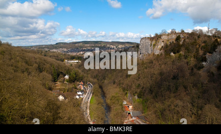 View looking north over the River Derwent gorge and High Tor cliff on the right Matlock Bath Derbyshire Peak District England UK Stock Photo