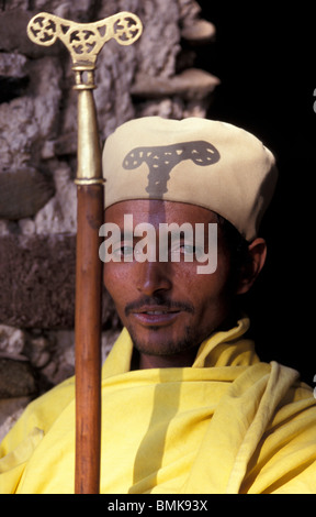 Africa, Ethiopia, Gondar. Debre Birhan Selassie Church, Orthodox monk with prayer staff Stock Photo