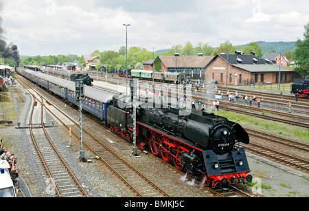 Steam train departing from Neuenmarkt station during 175th anniversary German Railways, Bavaria, May 2010. Stock Photo