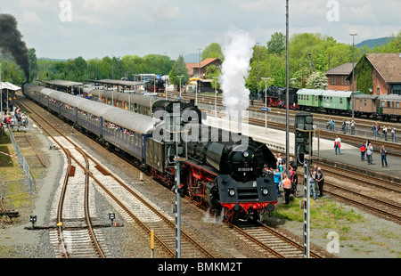 Steam train departing from Neuenmarkt station during 175th anniversary German Railways, Bavaria, May 2010. Stock Photo