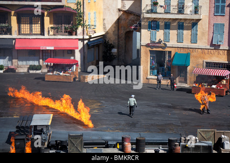 Motorcycle rider on fire in Lights, Motors, Action! Extreme Stunt Show at Disney's Hollywood Studios Stock Photo