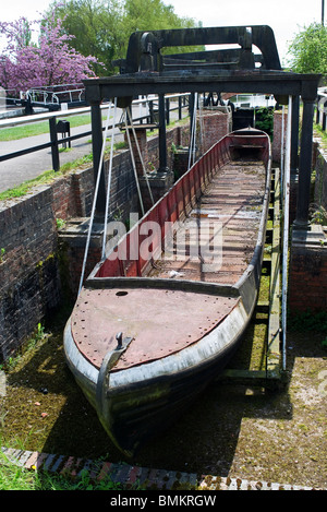 Old canal barge in dry dock at Stoke Bruerne UK Stock Photo