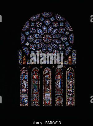Chartres Cathedral of Notre Dame. France. Chartres cathedral of Notre Dame. North transept rose window and lancets c. 1220 Stock Photo