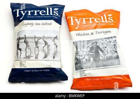 Two 150g large bags of Tyrrells flavoured hand cooked potato chips Stock Photo