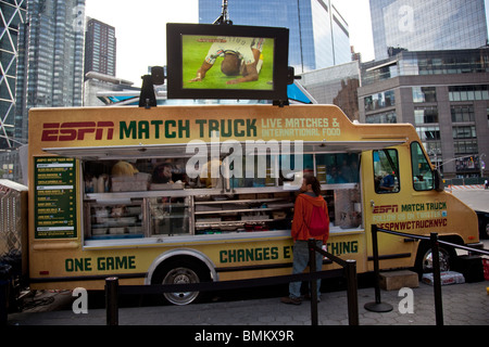 ESPN Match Truck showing World Cup Soccer matches parked on Columbus Circle and Central Park South in New York City Stock Photo