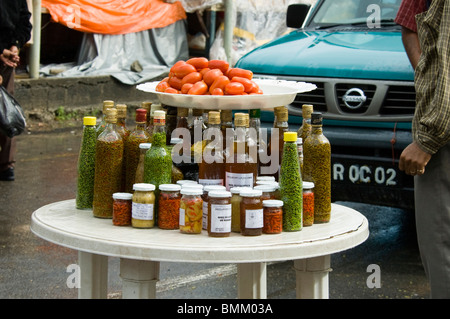 Mauritius, Port Mathurin. Bottled pickles for sale Stock Photo