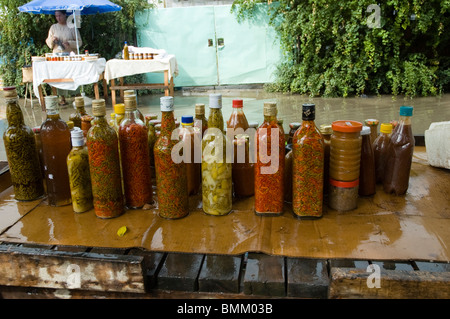 Mauritius, Port Mathurin. Bottled pickles for sale Stock Photo