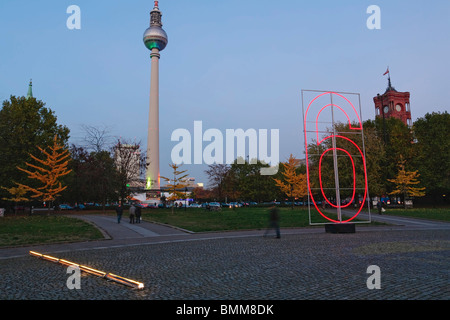 Marx-Engels-Forum during the Festival of Lights 2008 in front of the Fernsehturm and Rotes Rathaus in Berlin, Germany, Europe Stock Photo