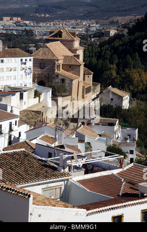 View over the city rooftops featuring the Carmen church, Antequera, Malaga Province, Andalucia, Spain, Western Europe. Stock Photo