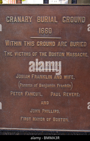 Memorial plaque at the Granary Burial Ground on the Freedom Trail, Boston, Massachusetts Stock Photo