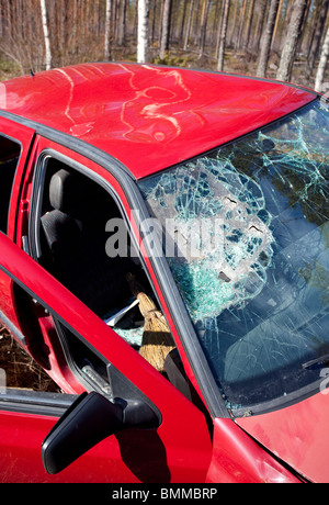 Cracked windscreen in  Volkswagen Golf, involved in a traffic accident. Stock Photo