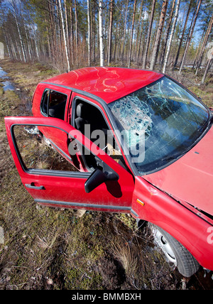 Cracked windscreen in  Volkswagen Golf, involved in a traffic accident. , Finland Stock Photo
