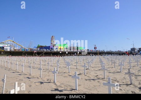 Arlington West - temporary memorial for US soldiers that died in Iraq. It is created on Santa Monica Beach, California (USA). Stock Photo