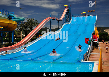 Waterslides, Aquamar Water Park, Platja d’en Bossa, Ibiza, Balearic Islands, Spain Stock Photo