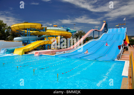 Waterslides, Aquamar Water Park, Platja d’en Bossa, Ibiza, Balearic Islands, Spain Stock Photo