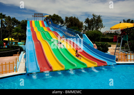 Waterslides, Aquamar Water Park, Platja d’en Bossa, Ibiza, Balearic Islands, Spain Stock Photo