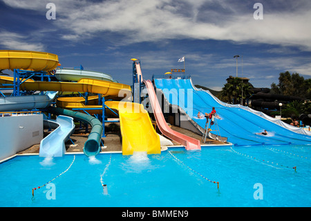 Waterslides, Aquamar Water Park, Platja d’en Bossa, Ibiza, Balearic Islands, Spain Stock Photo