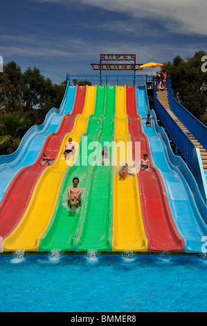 Waterslides, Aquamar Water Park, Platja d’en Bossa, Ibiza, Balearic Islands, Spain Stock Photo