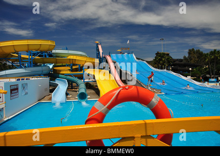 Waterslides, Aquamar Water Park, Platja d’en Bossa, Ibiza, Balearic Islands, Spain Stock Photo