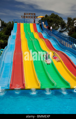 Waterslides, Aquamar Water Park, Platja d’en Bossa, Ibiza, Balearic Islands, Spain Stock Photo