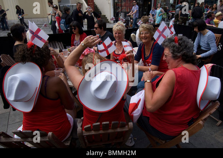 England football fans, middle aged women outside a pub. Stock Photo