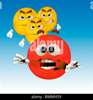 Frightened Red Emoticon running away from angry Yellow Emoticons Stock Photo