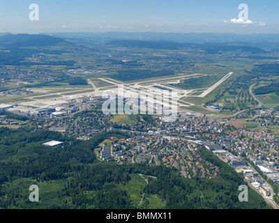 Aerial overview towards northwest - Rwy 14/34 to the left, Rwy 28/06 at center, Zurich Kloten Airport (ZRH/LSZH) Switzerland CH Stock Photo